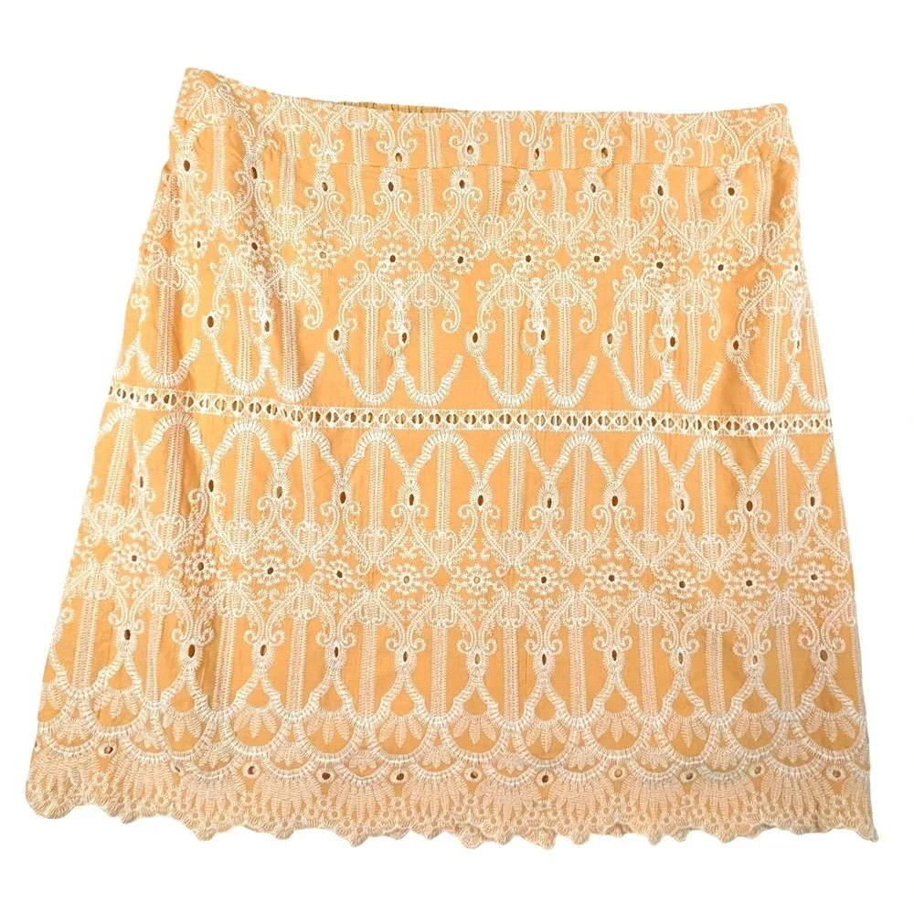 Skies Are Blue Yellow Eyelet Mini Skirt Scalloped Hem Peasant Lined Size 1X - Picture 1 of 9